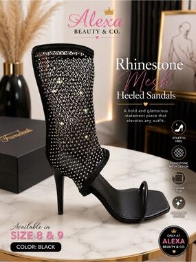 Black Rhinestone Mesh Heeled Sandals